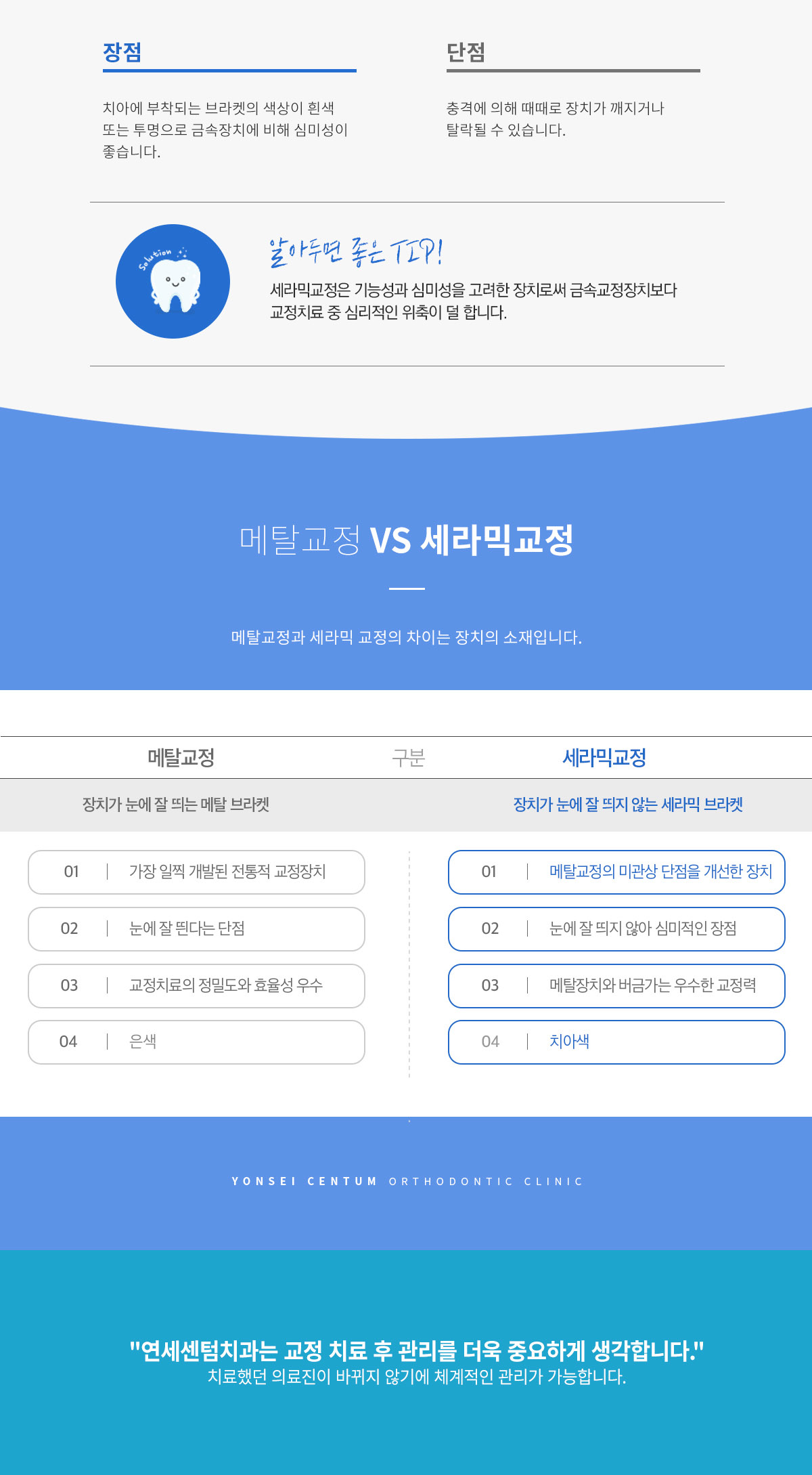세라믹교정 장단점 및 메탈교정과 세라믹교정 비교 - 심미성 우수, 메탈교정과 동등한 교정력, 연세센텀치과는 교정 후 관리를 더 중요하게 생각합니다