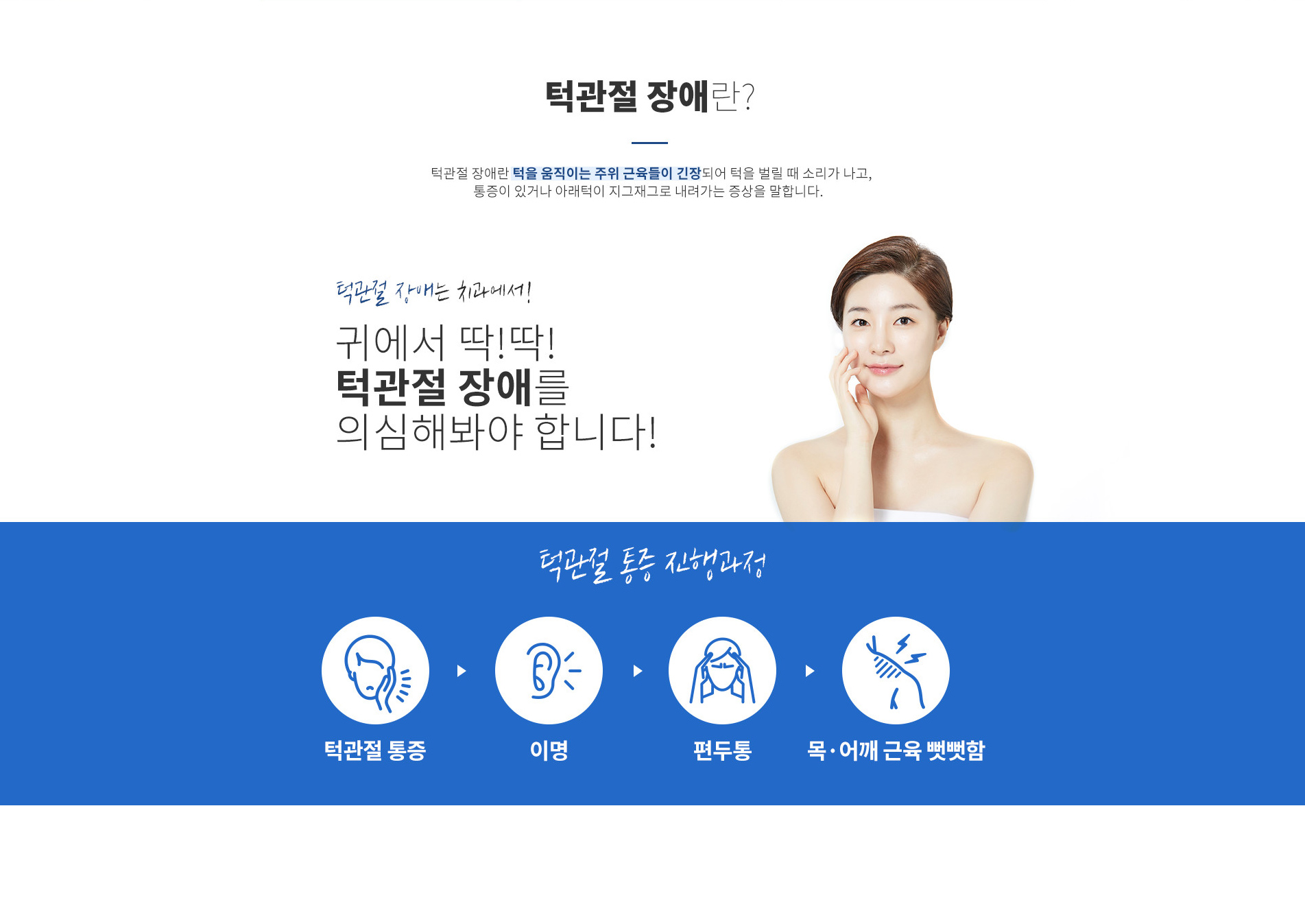턱관절 장애는 치과에서! 귀에서 딱!딱! 턱관절 장애를 의심해봐야 합니다! - 모델 이미지, 턱관절 장애 정의 및 통증 진행과정(이명, 편두통, 목·어깨 근육 뻣뻣함) 안내